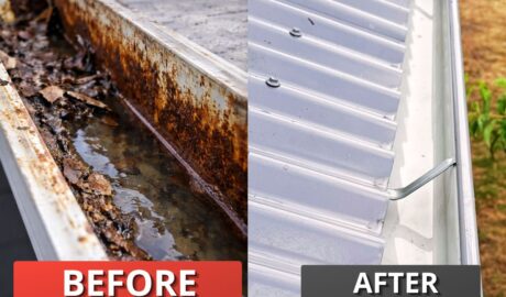 Gutter cleaning before and after Hobart Tasmania showing blocked gutters and restored water flow