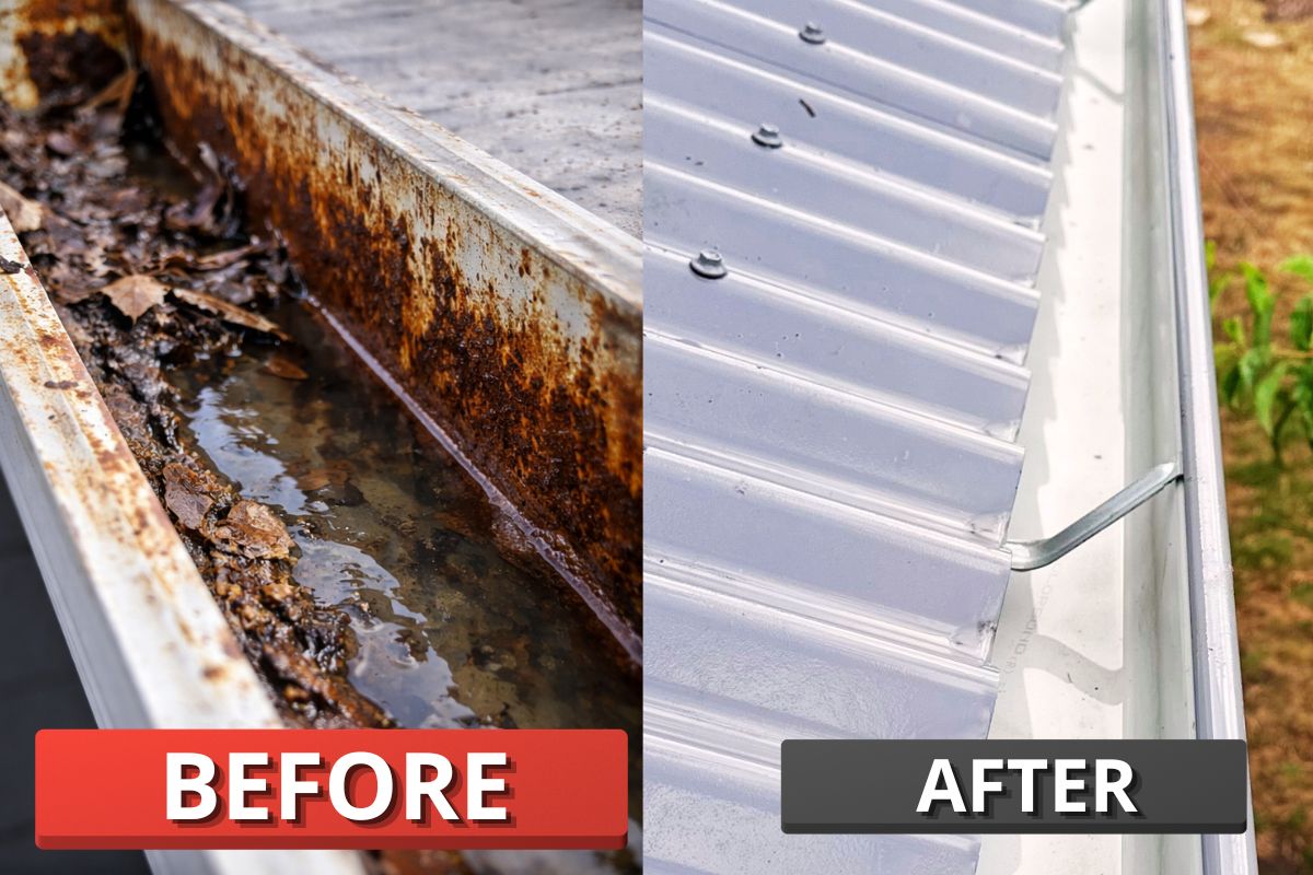 Gutter Cleaning Before After Hobart TAS Gutter cleaning before and after Hobart Tasmania showing blocked gutters and restored water flow