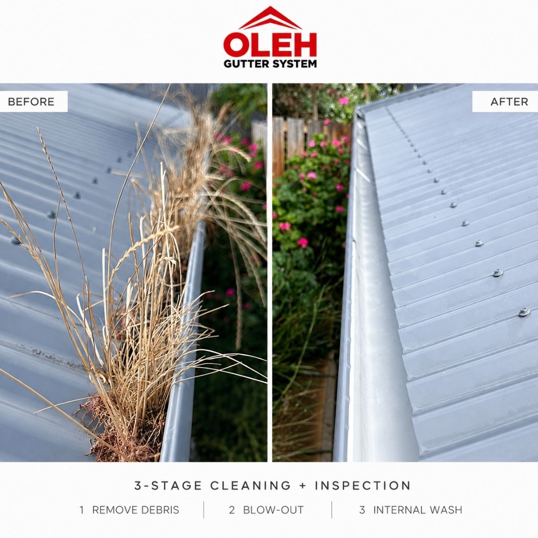 Before and after 3-Stage gutter cleaning by Oleh Gutter System in Hobart Tasmania