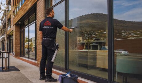 Commercial shopfront windows being cleaned by Oleh Service Group in Hobart