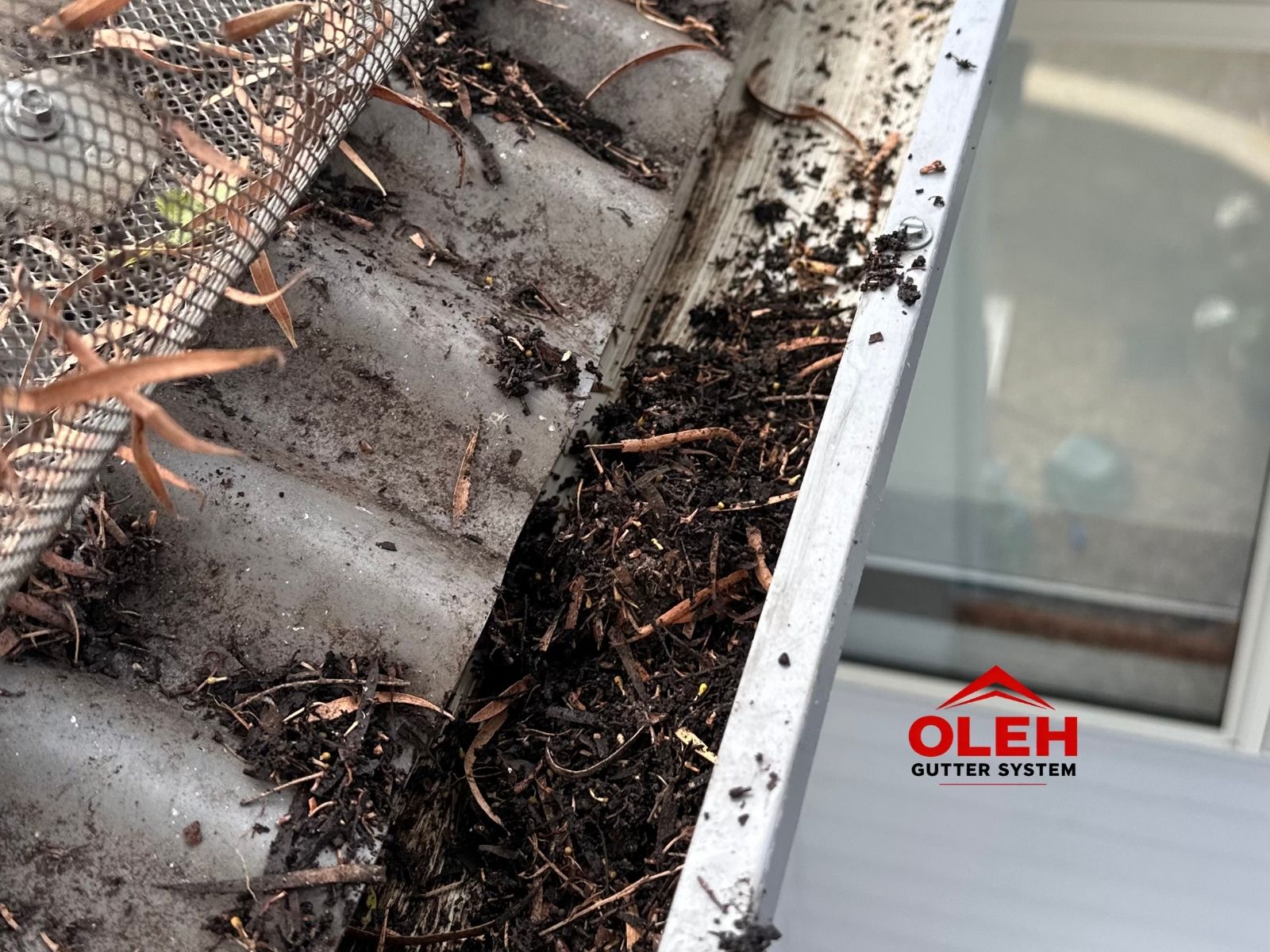 Fine dirt and organic debris underneath gutter mesh on a Hobart Tasmania property