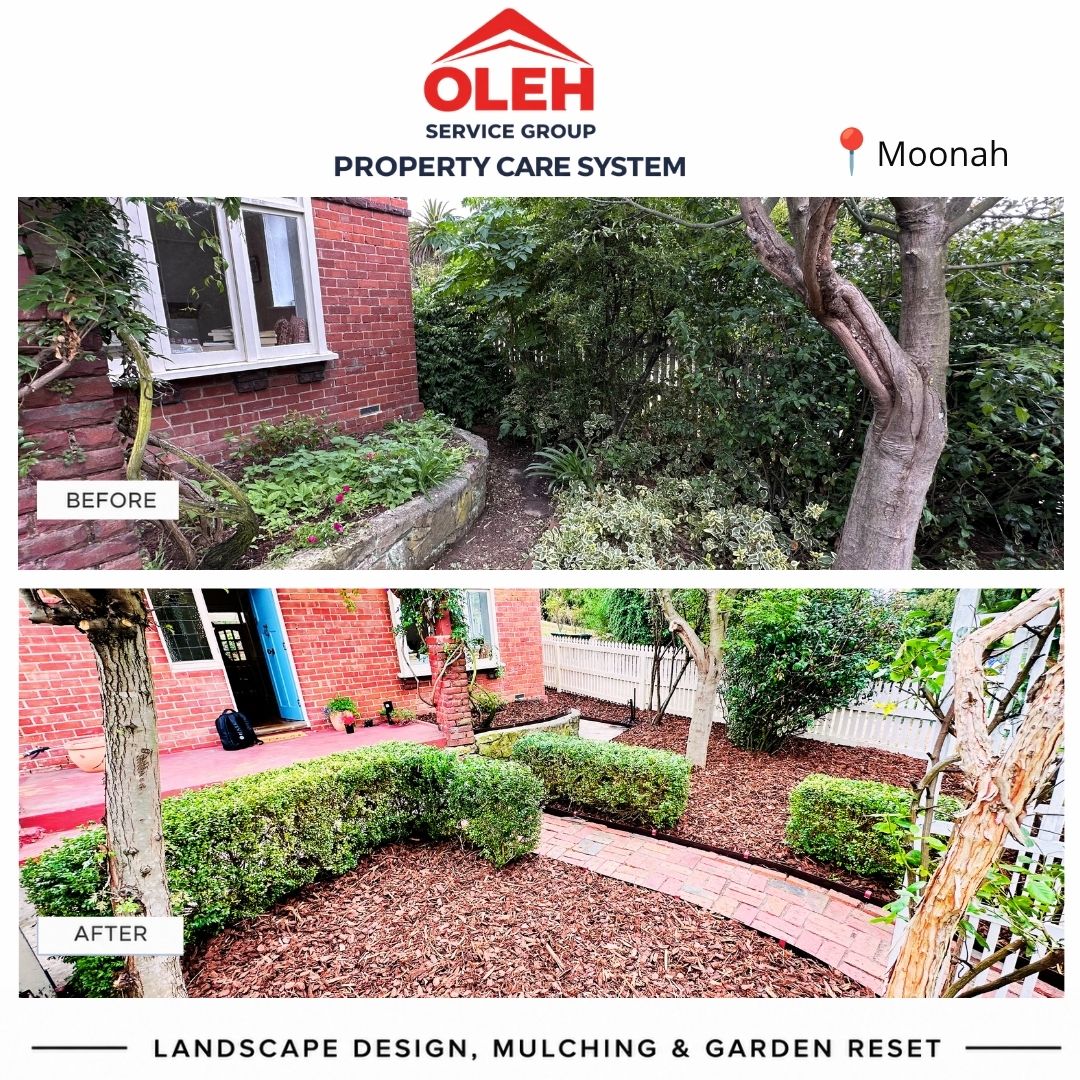 Before and after landscape design mulching and garden reset in Moonah Hobart