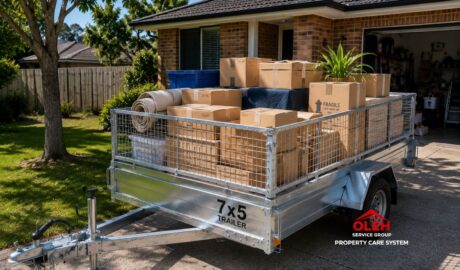 Cage trailer loaded with moving boxes and household items in Hobart Tasmania