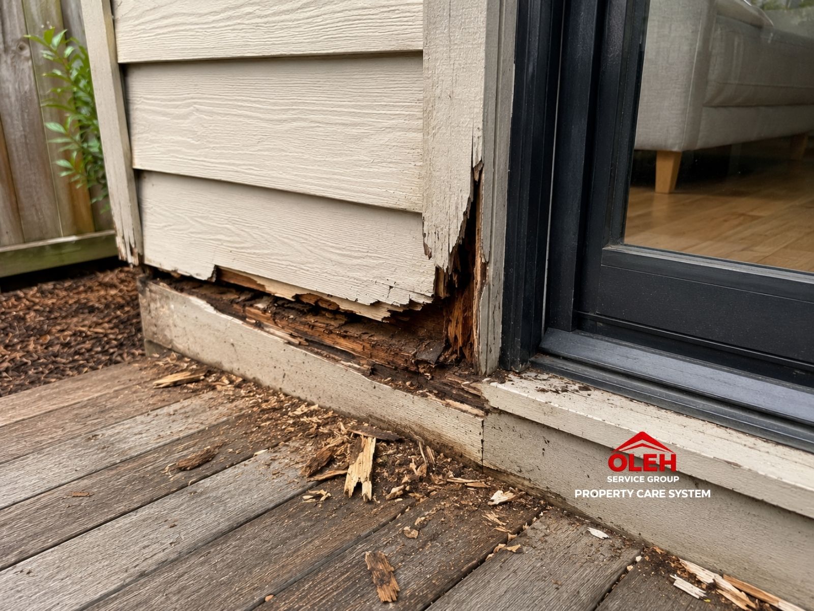 Rotted exterior timber door frame before property repair in Hobart