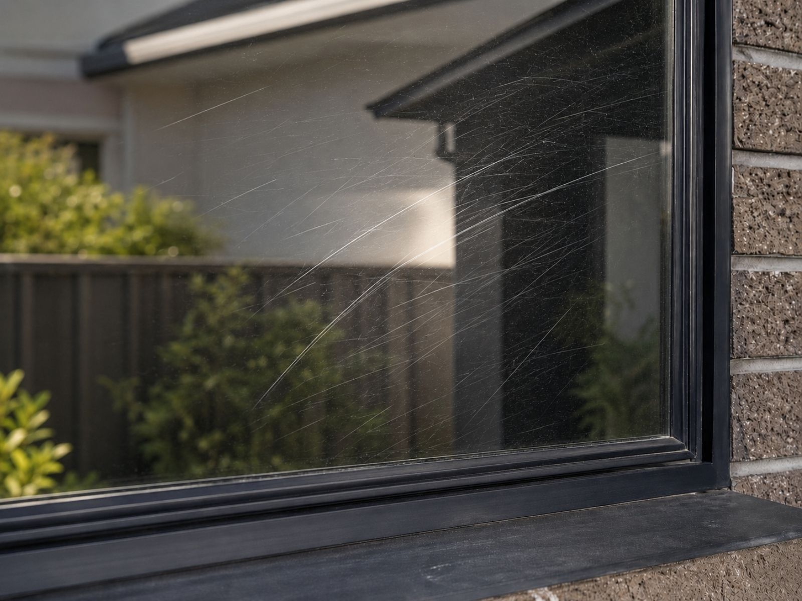Scratched window glass caused by improper cleaning methods in Hobart