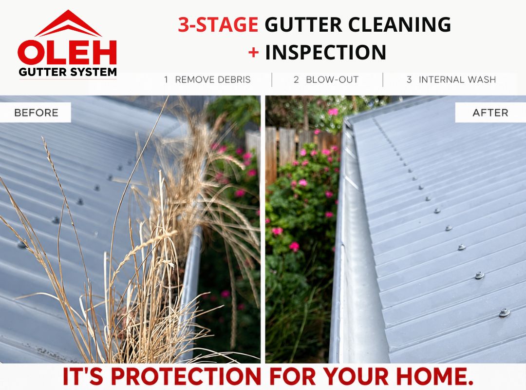 Three-stage gutter cleaning comparison showing debris removal and a cleaned gutter