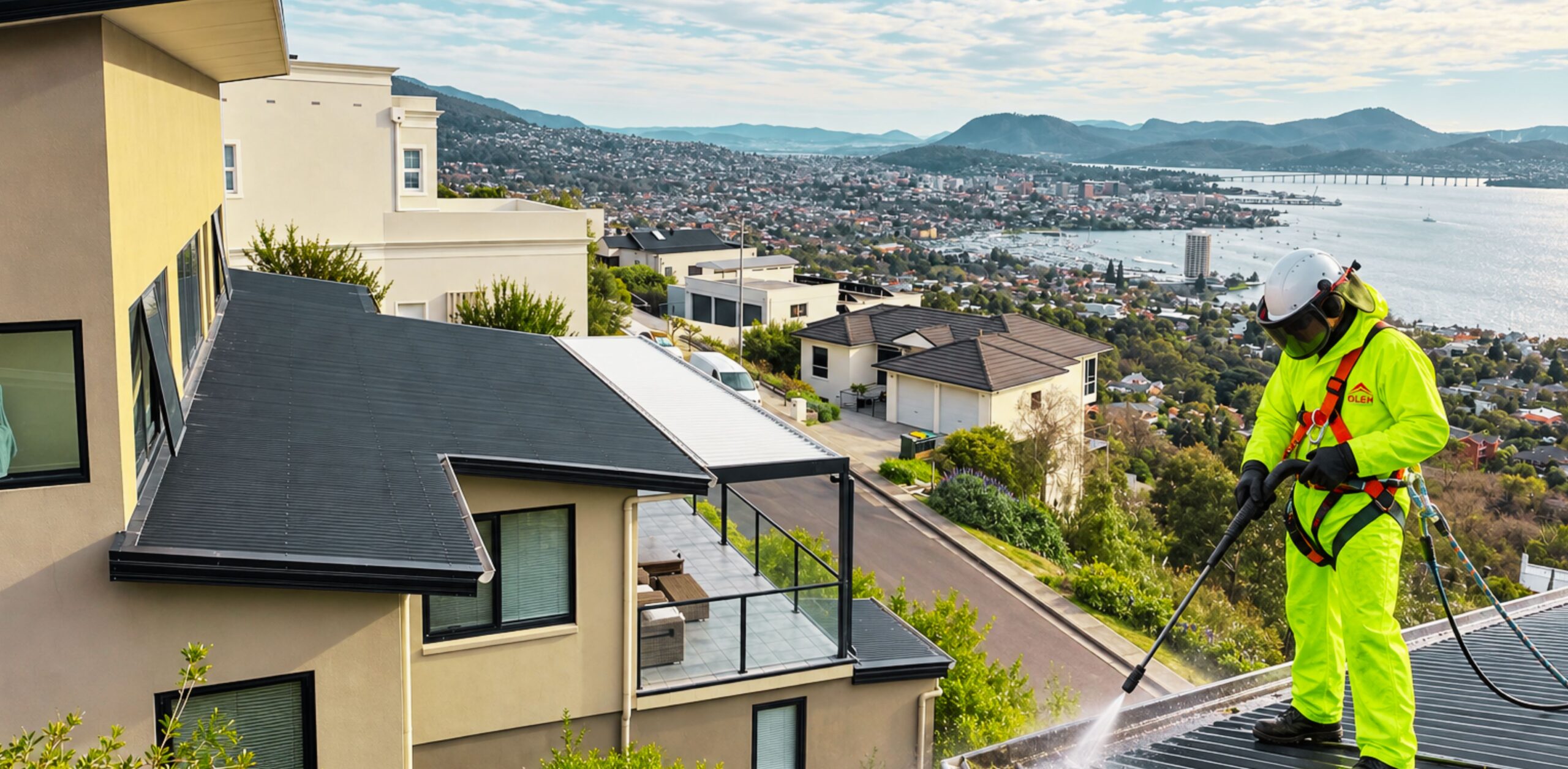 Hobart 3-Stage Gutter Cleaning + Inspection System | Oleh Roof & Gutter System Oleh Gutter System worker cleaning gutters with Hobart, Tasmania in the background