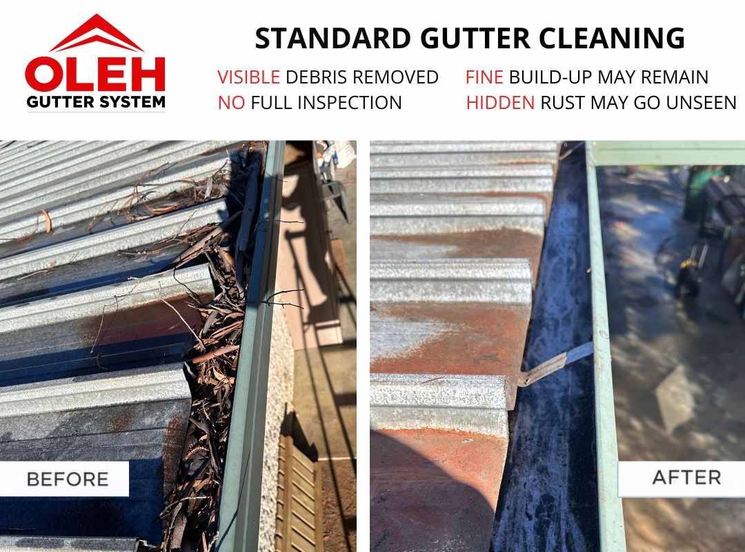 Standard gutter cleaning comparison showing visible debris removed and deposits remaining